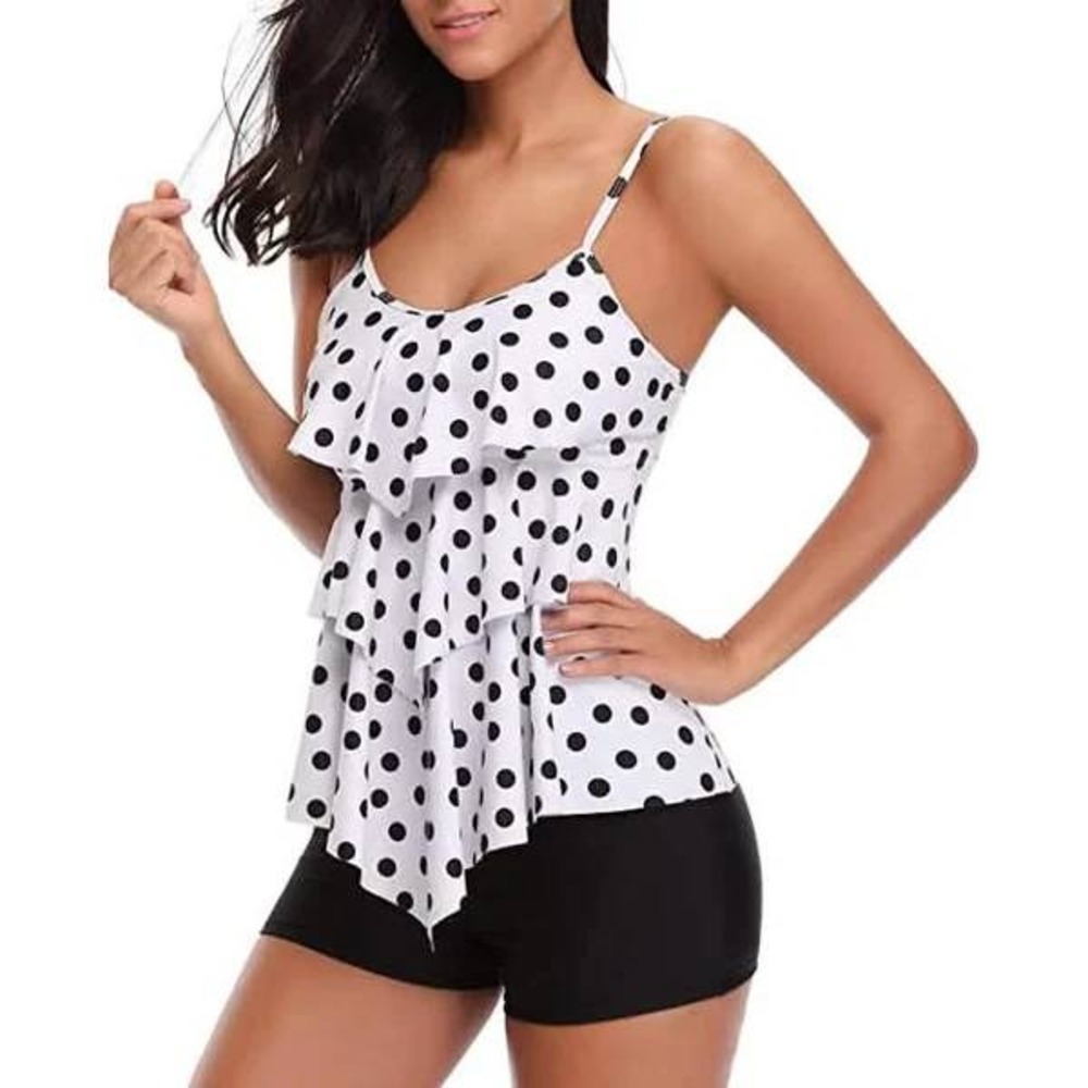 Yonique Women Polka Dot Tiered Ruffle Tankini Swimsuit with Boy Shorts Size S